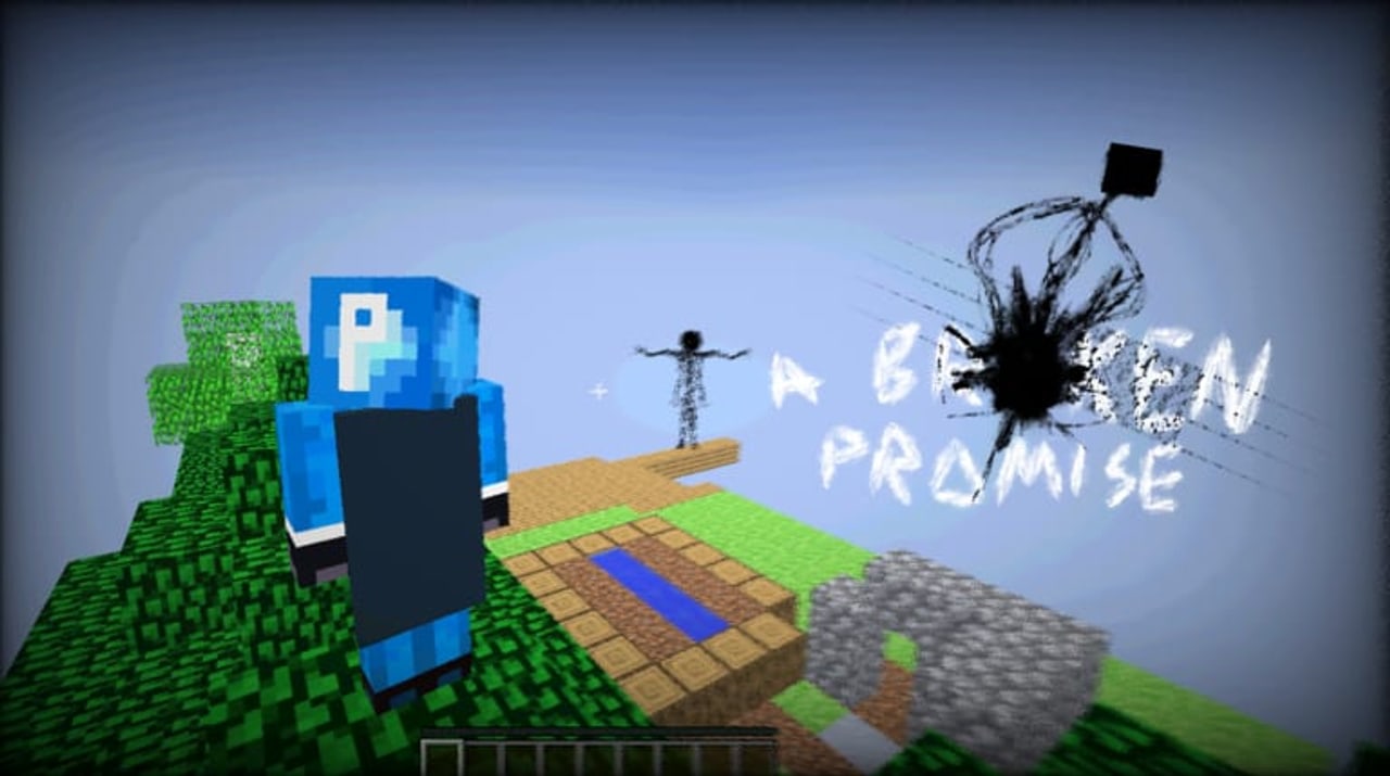 In-game Roblox screenshot of The Broken Script showing a blocky player on grass with a distant silhouette and hotbar